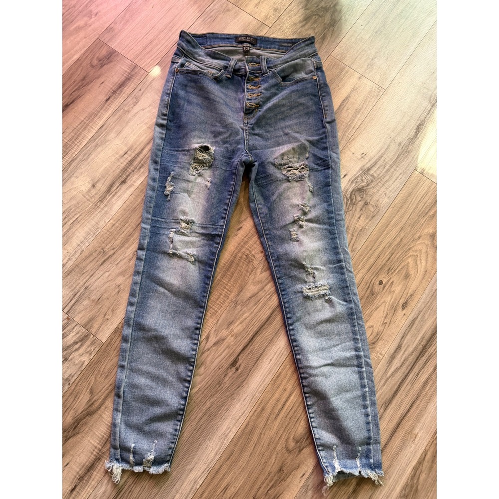 Judy Blue Los Angeles Skinny Fit Distressed Button‎ Fly Jeans Medium Wash 3/26